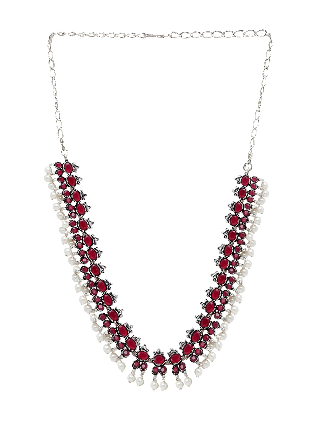 YouBella Jewellery Oxidised Silver Necklace Jewellery Set with Earrings for Girls and Women (Red) (YBNK_50524)